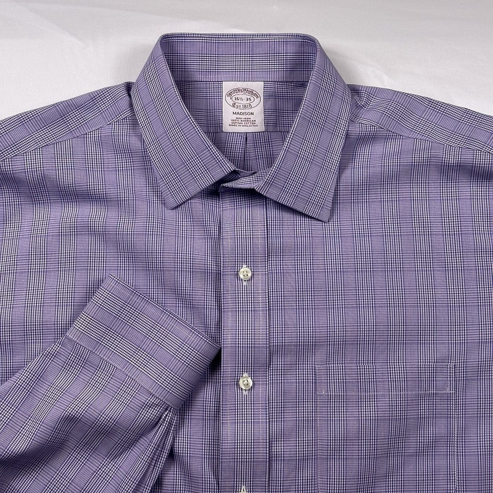 Brooks Brothers Madison Dress Shirt Mens 16.5 35 Lavender Glen Plaid Office